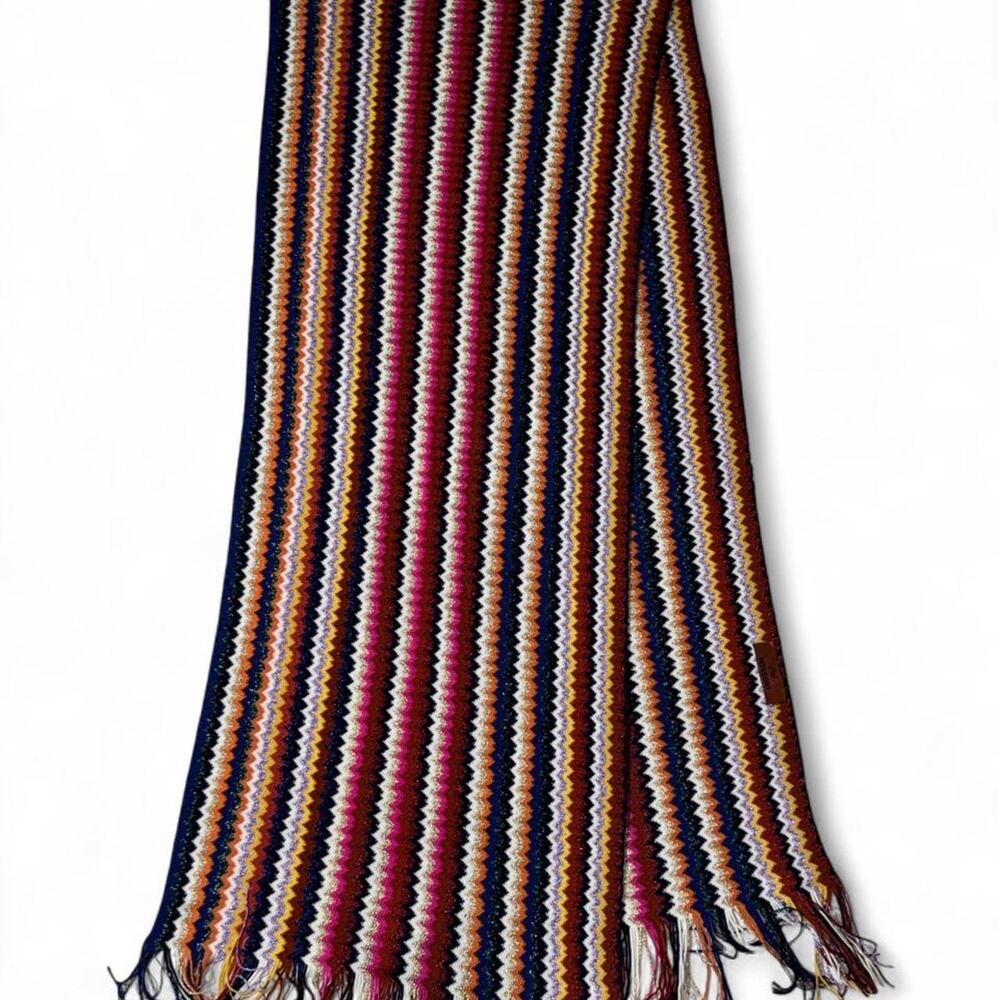 Missoni Metallic Chevron Zigzag Knit Fringe Scarf Multicolor Luxury